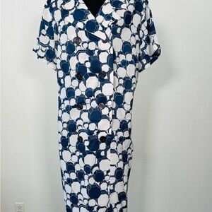 Vintage 60s Volup Mod Shift Dress Chiffon Blue White Geometric DB Plus Sz 1X/2X